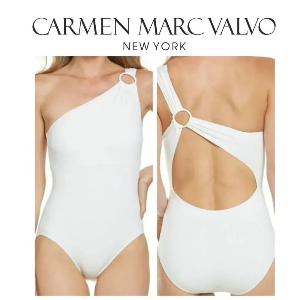 Carmen Marc Valvo White Tropical Coast One Shoulder Women One Piece Swimsuit 8